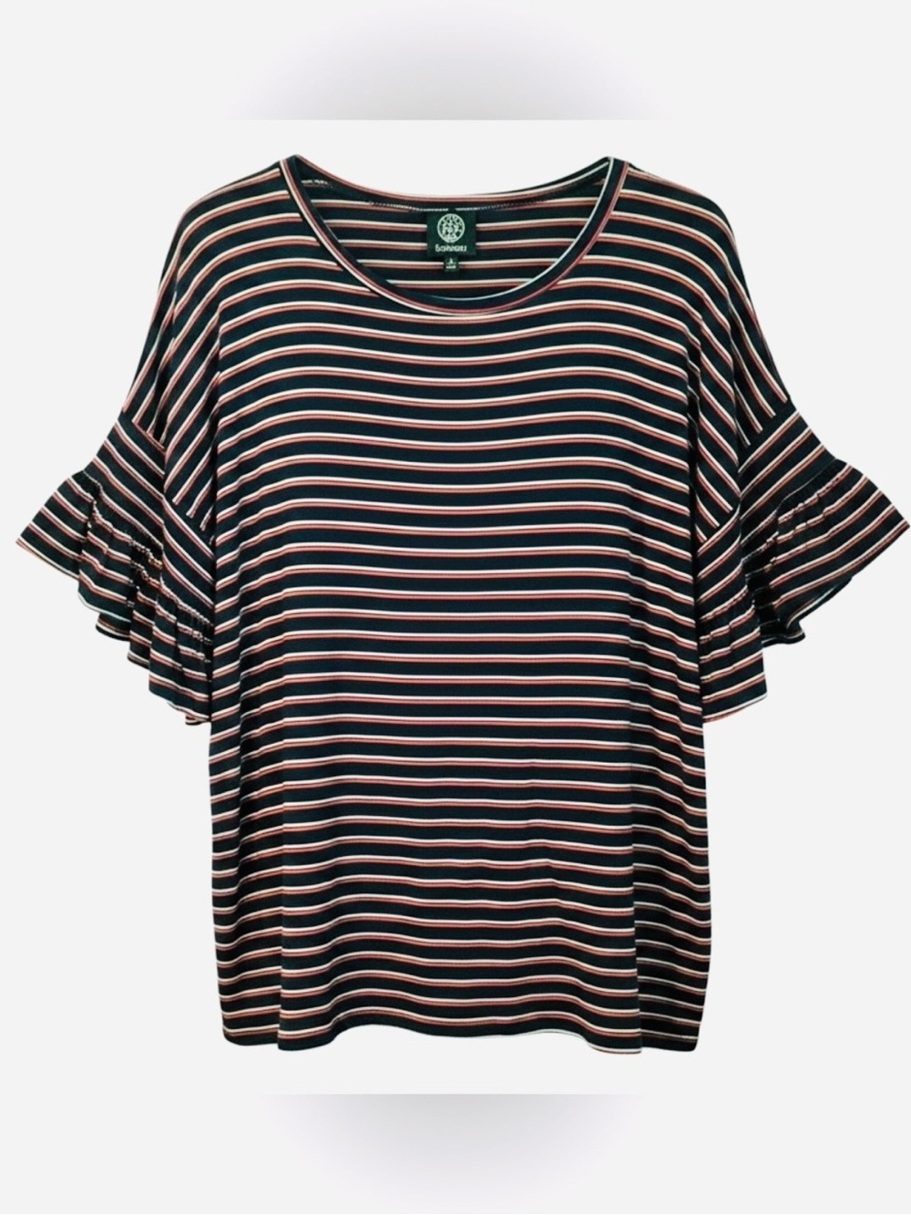 bobeau Patriotic Red White & Blue Striped Ribbed Elastic Ruffle Short Sleeve Top
